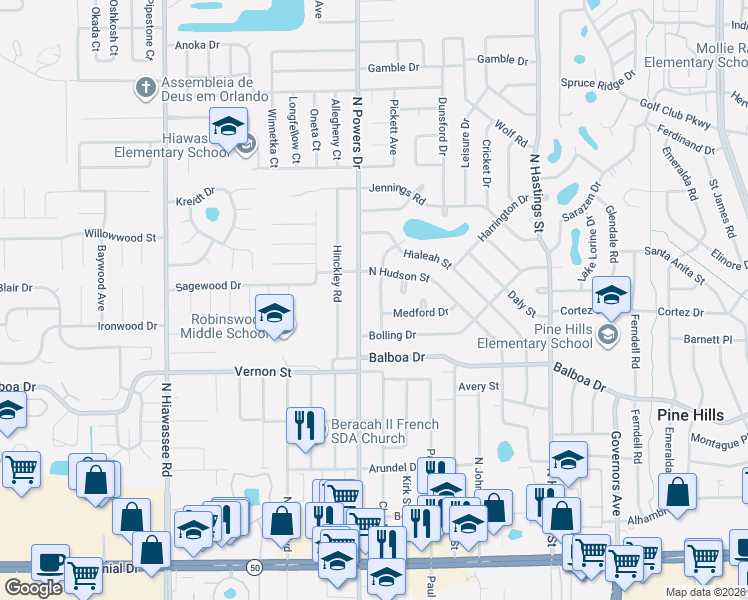 map of restaurants, bars, coffee shops, grocery stores, and more near 1627 Newton Street in Orlando