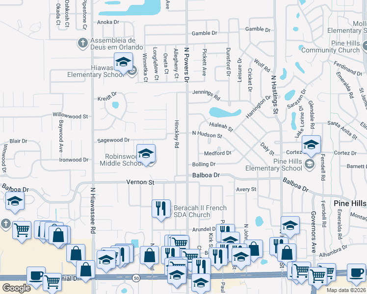map of restaurants, bars, coffee shops, grocery stores, and more near 1626 North Powers Drive in Orlando