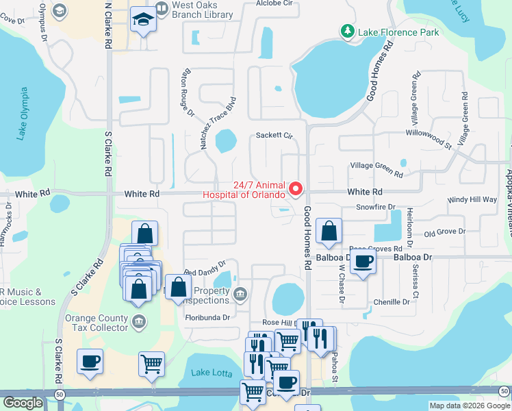 map of restaurants, bars, coffee shops, grocery stores, and more near 1225 Climbing Rose Drive in Orlando