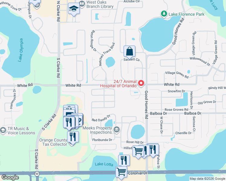 map of restaurants, bars, coffee shops, grocery stores, and more near 9006 Red Gold Lane in Orlando