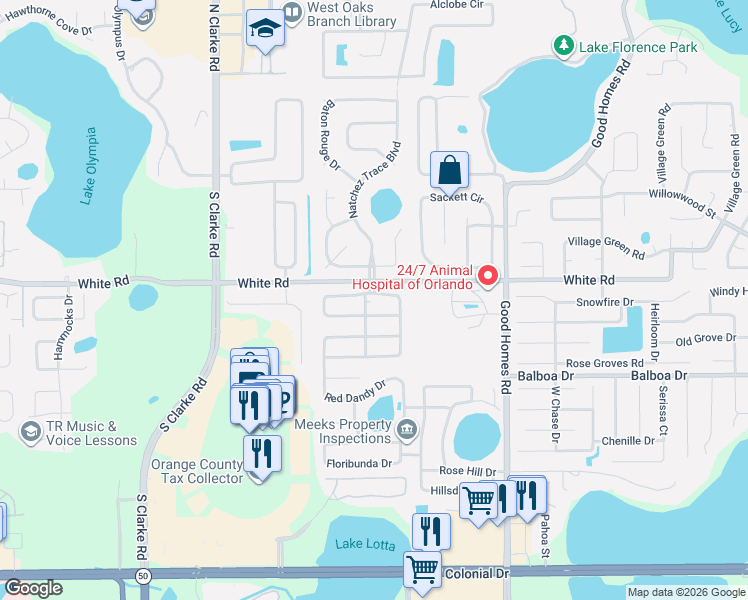 map of restaurants, bars, coffee shops, grocery stores, and more near 9006 Red Gold Lane in Orlando