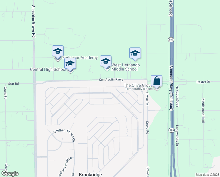 map of restaurants, bars, coffee shops, grocery stores, and more near 15933 Brookridge Boulevard in Brooksville