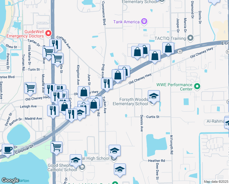 map of restaurants, bars, coffee shops, grocery stores, and more near 6396 Meadow Lane in Azalea Park