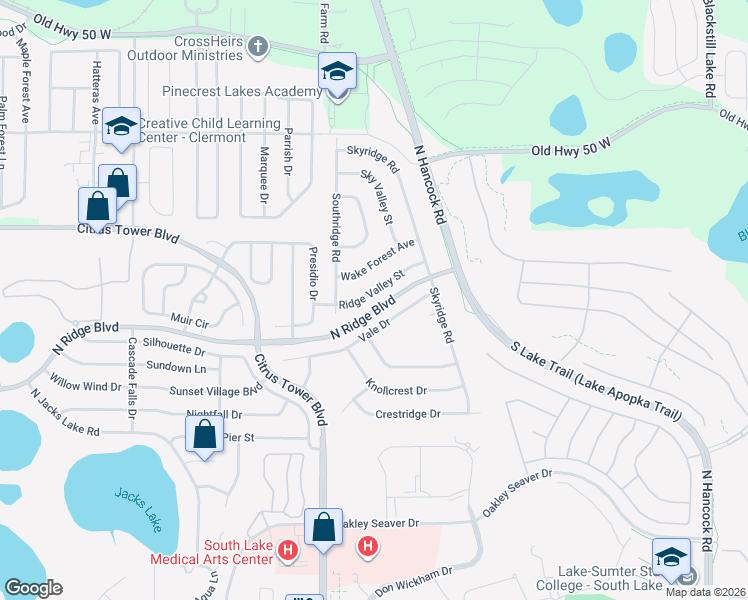 map of restaurants, bars, coffee shops, grocery stores, and more near North Ridge Boulevard in Clermont