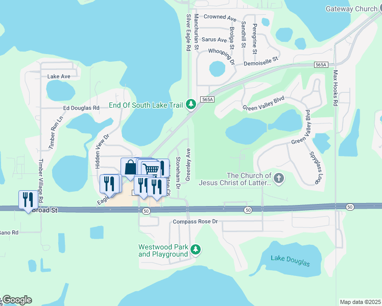 map of restaurants, bars, coffee shops, grocery stores, and more near 1175 Stoneham Drive in Groveland