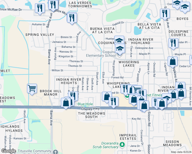 map of restaurants, bars, coffee shops, grocery stores, and more near 4410 Stuart Avenue in Titusville