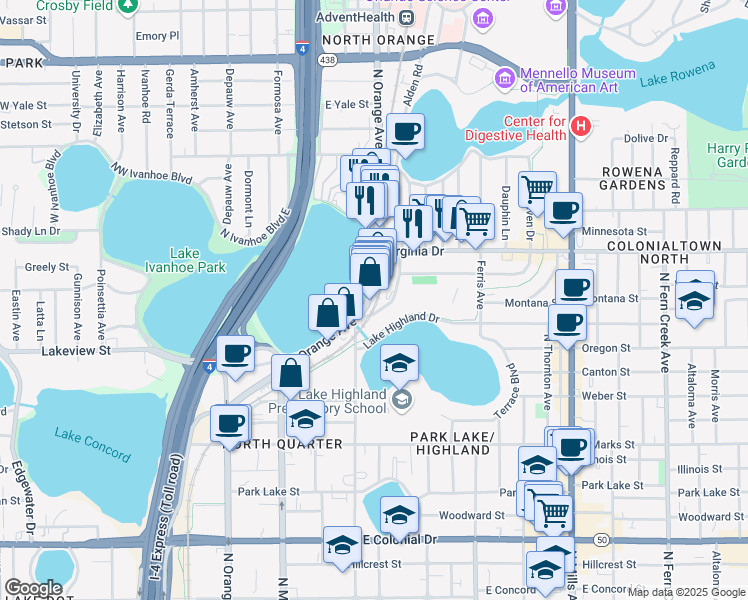 map of restaurants, bars, coffee shops, grocery stores, and more near 1203 North Orange Avenue in Orlando