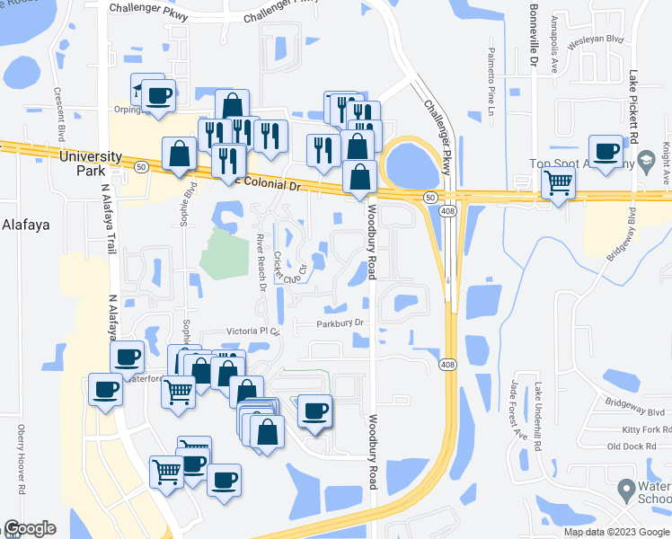 map of restaurants, bars, coffee shops, grocery stores, and more near 1700 Woodbury Road in Orlando