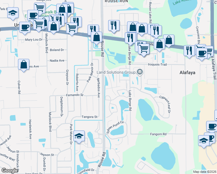 map of restaurants, bars, coffee shops, grocery stores, and more near 11006 Einbender Boulevard in Orlando