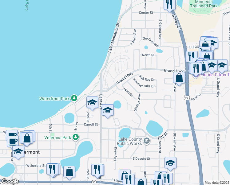 map of restaurants, bars, coffee shops, grocery stores, and more near 201 Hunt St in Clermont