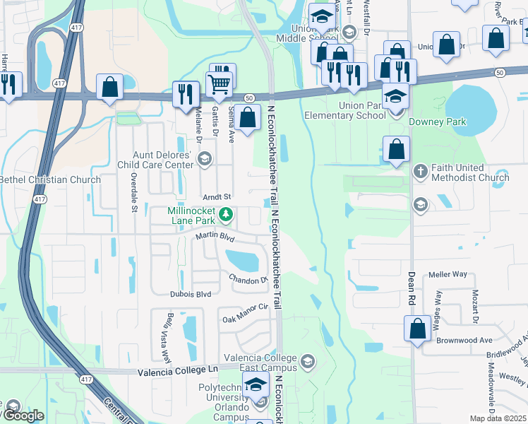 map of restaurants, bars, coffee shops, grocery stores, and more near 1260 Roma Court in Orlando