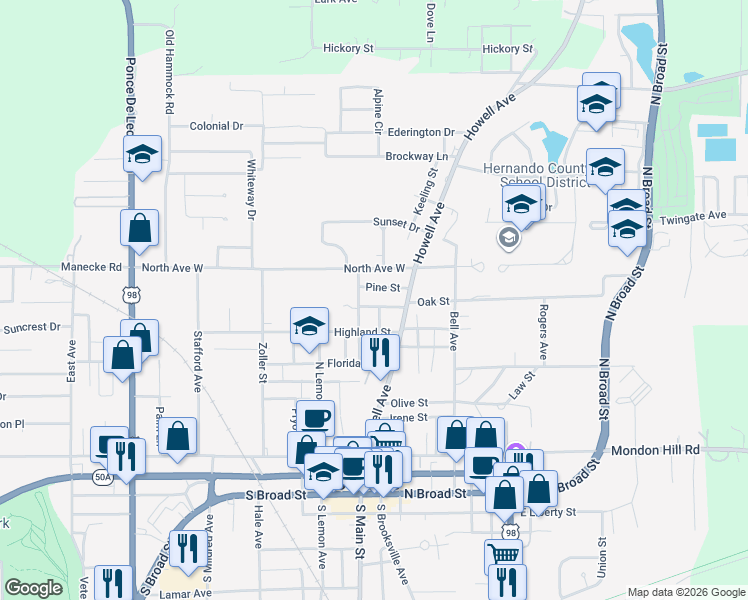 map of restaurants, bars, coffee shops, grocery stores, and more near 26 Crosby Street in Brooksville