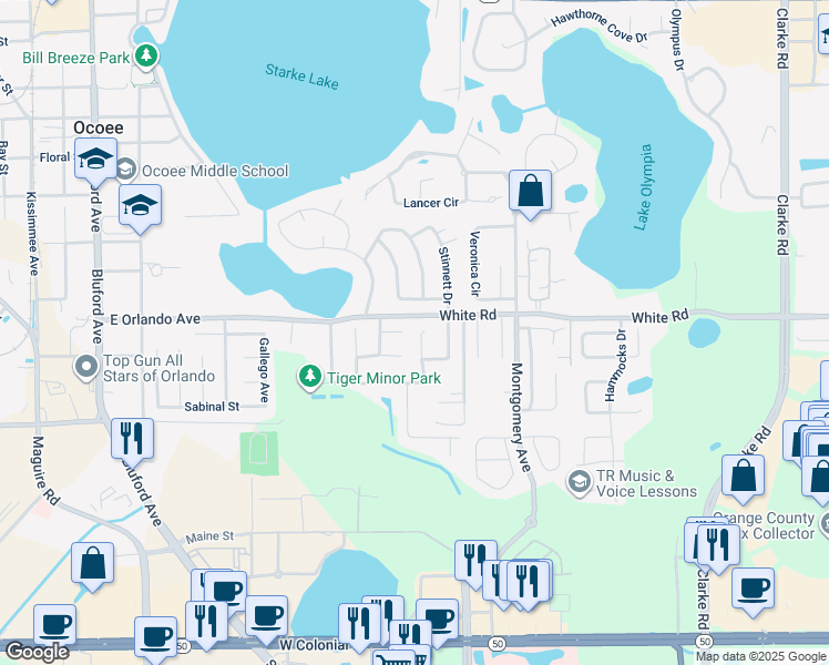 map of restaurants, bars, coffee shops, grocery stores, and more near 619 Shoal Creek Drive in Ocoee