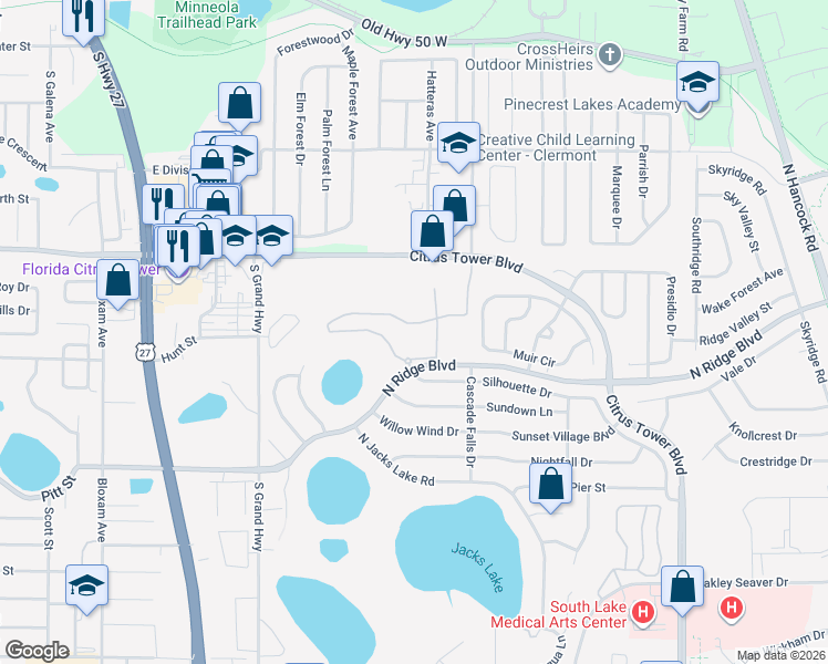 map of restaurants, bars, coffee shops, grocery stores, and more near 1290 North Ridge Boulevard in Clermont