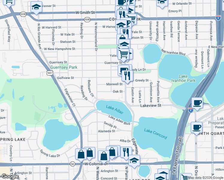 map of restaurants, bars, coffee shops, grocery stores, and more near 817 Oak Street in Orlando