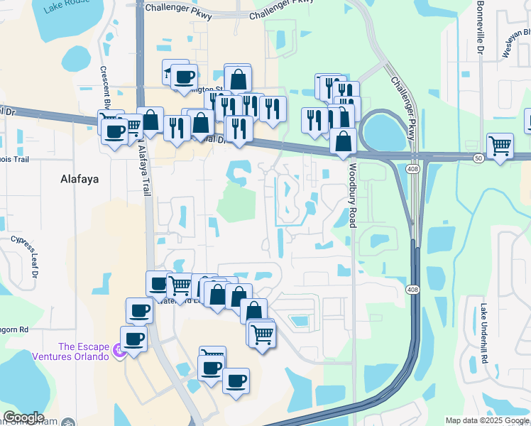 map of restaurants, bars, coffee shops, grocery stores, and more near 1603 River Reach Drive in Orlando