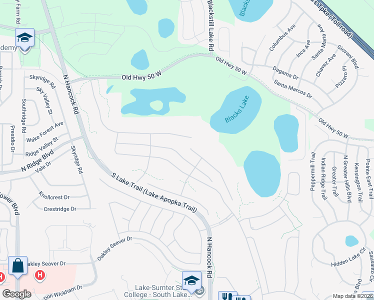 map of restaurants, bars, coffee shops, grocery stores, and more near 2411 Caledonian Street in Clermont
