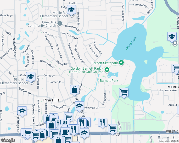 map of restaurants, bars, coffee shops, grocery stores, and more near 1208 Roger Babson Road in Orlando
