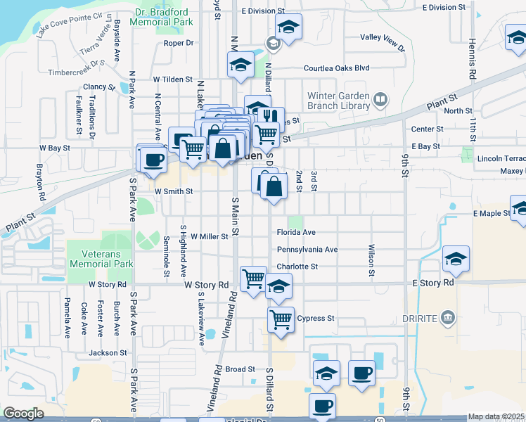 map of restaurants, bars, coffee shops, grocery stores, and more near 209 South Dillard Street in Winter Garden