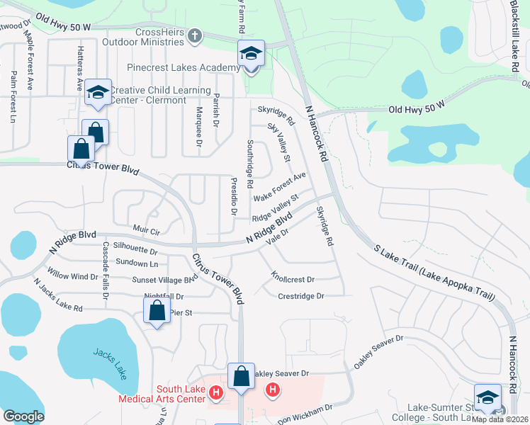 map of restaurants, bars, coffee shops, grocery stores, and more near 1818 Ridge Valley Street in Clermont