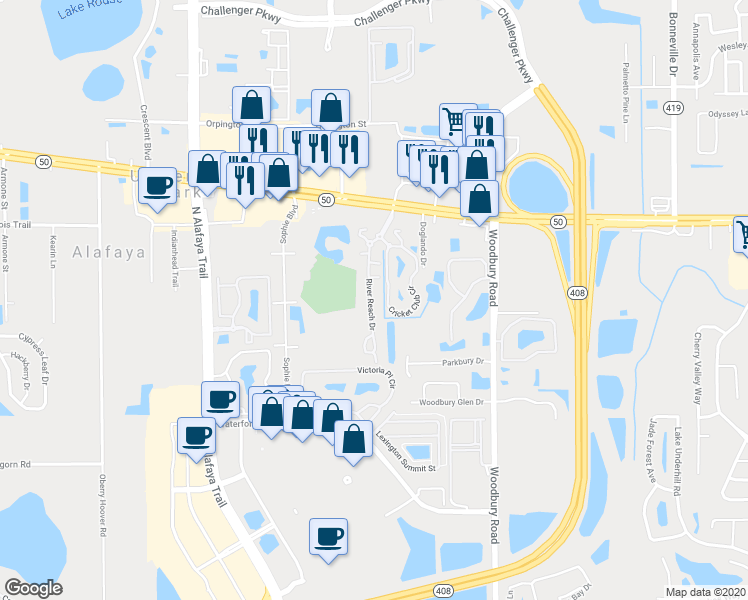 map of restaurants, bars, coffee shops, grocery stores, and more near 1603 River Reach Drive in Orlando