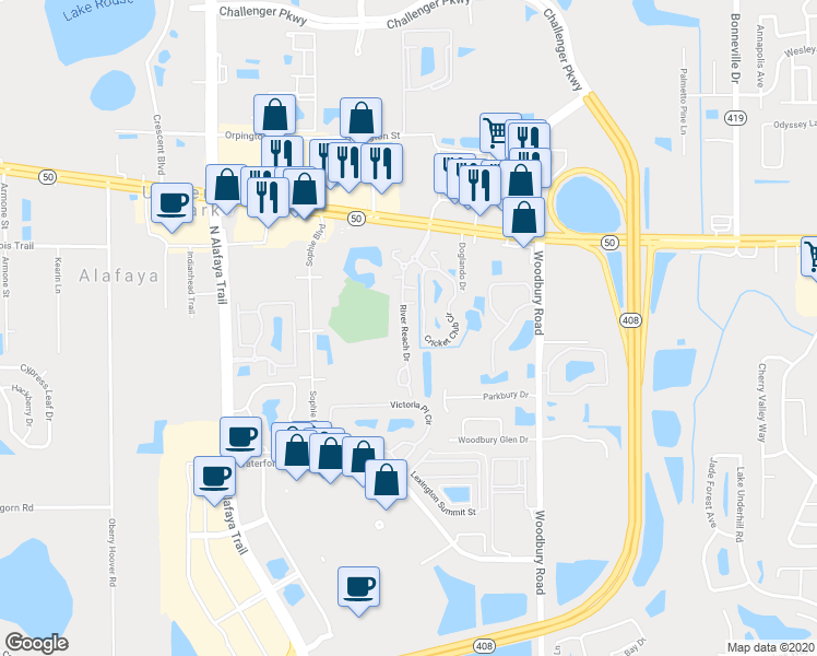 map of restaurants, bars, coffee shops, grocery stores, and more near 1628 River Reach Drive in Orlando