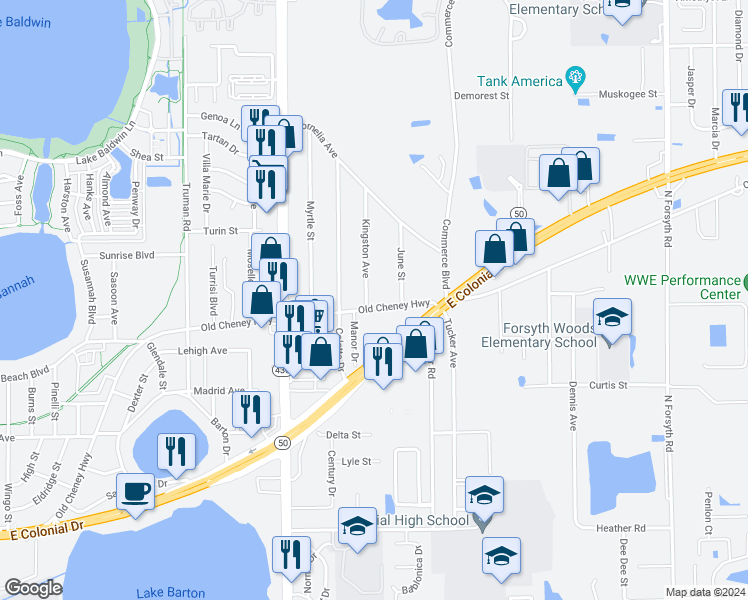 map of restaurants, bars, coffee shops, grocery stores, and more near 1228 Kingston Avenue in Orlando