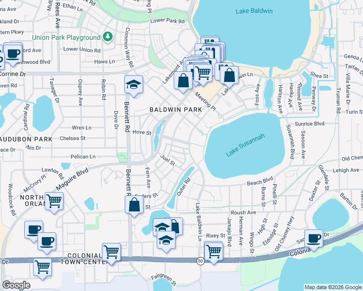 map of restaurants, bars, coffee shops, grocery stores, and more near 1120 Lake Baldwin Lane in Orlando