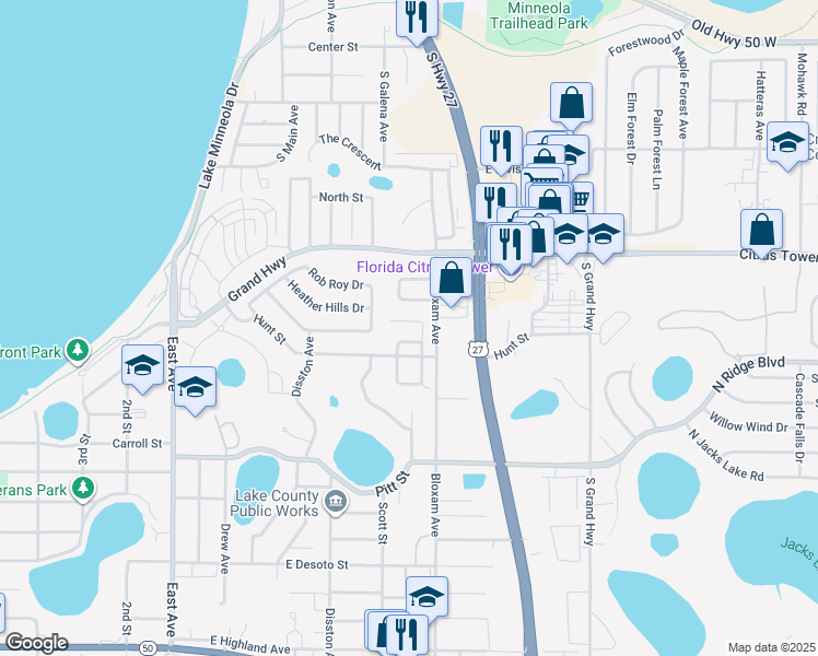 map of restaurants, bars, coffee shops, grocery stores, and more near 639 Harbor Villa Court in Clermont
