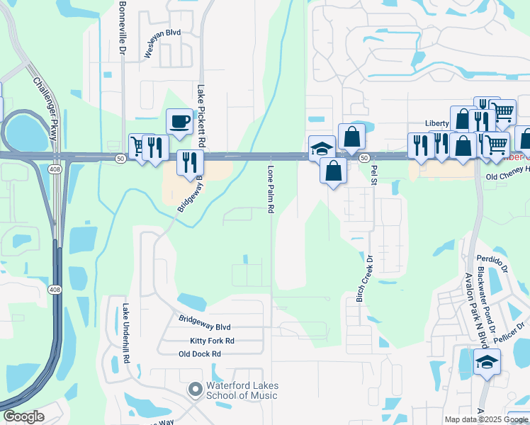 map of restaurants, bars, coffee shops, grocery stores, and more near 14235 Waterford Creek Boulevard in Orlando