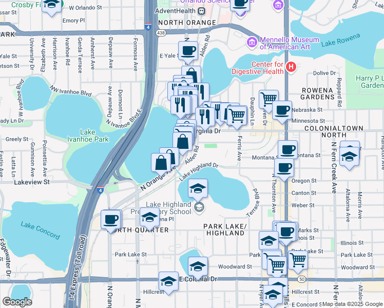 map of restaurants, bars, coffee shops, grocery stores, and more near 1220 Alden Rd in Orlando