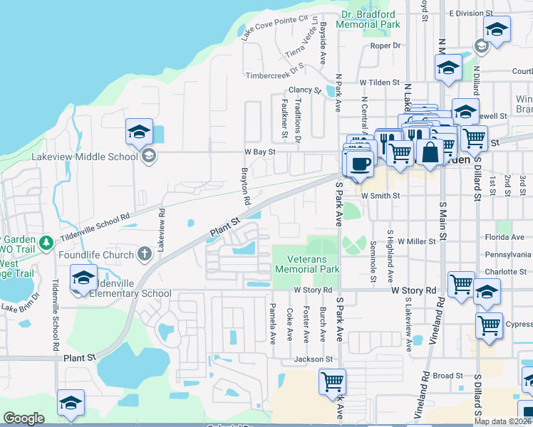 map of restaurants, bars, coffee shops, grocery stores, and more near 206 Meljane Drive in Winter Garden
