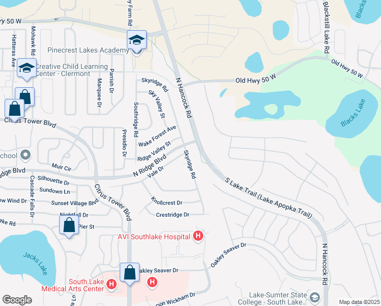 map of restaurants, bars, coffee shops, grocery stores, and more near 771 Skyridge Road in Clermont
