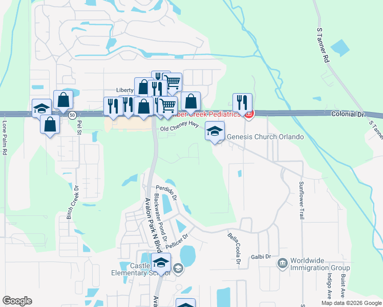 map of restaurants, bars, coffee shops, grocery stores, and more near 1512 Lalique Lane in Orlando