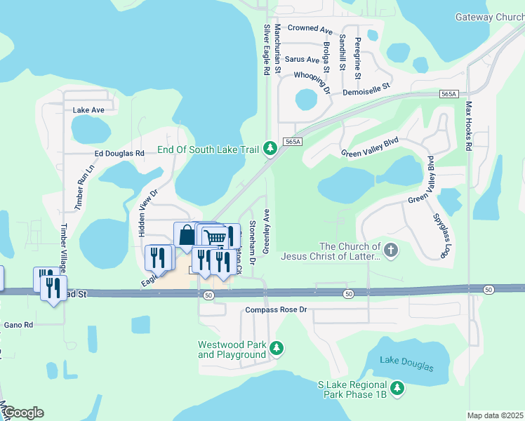 map of restaurants, bars, coffee shops, grocery stores, and more near 1220 Greenley Avenue in Groveland