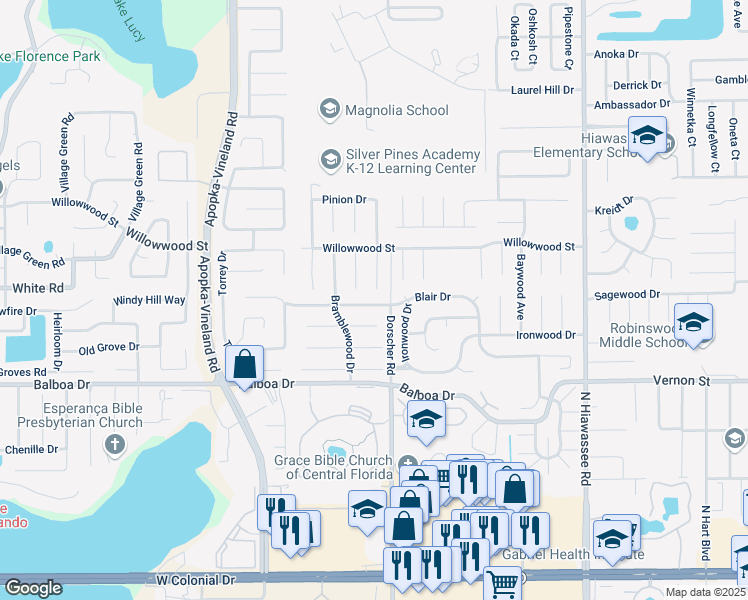 map of restaurants, bars, coffee shops, grocery stores, and more near 7207 Blair Drive in Orlando