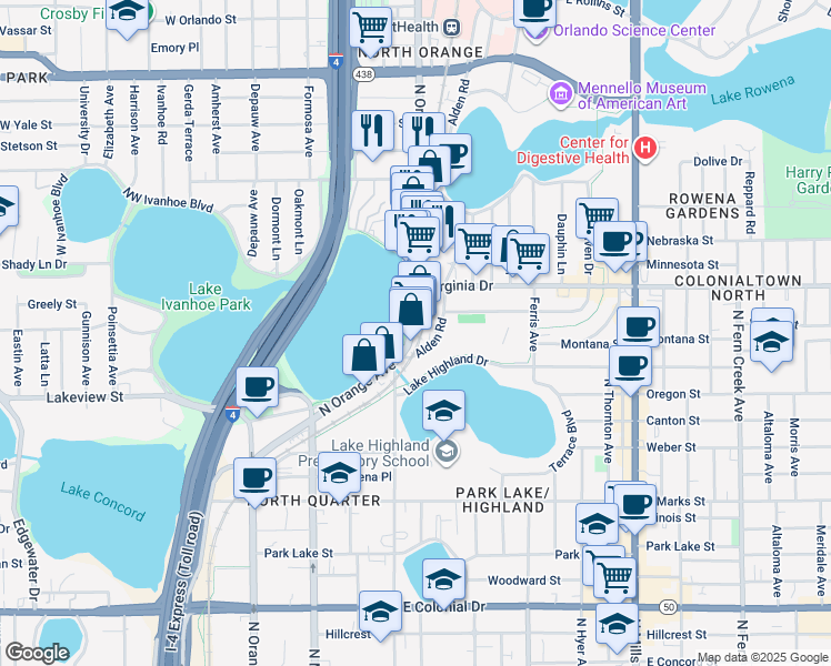map of restaurants, bars, coffee shops, grocery stores, and more near 1300 North Orange Avenue in Orlando