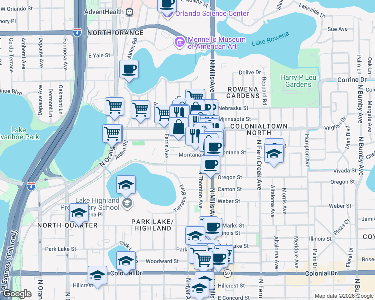 map of restaurants, bars, coffee shops, grocery stores, and more near 1030 Wilfred Drive in Orlando