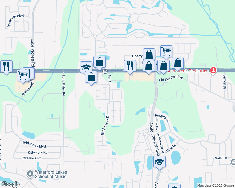 map of restaurants, bars, coffee shops, grocery stores, and more near 14231-14329 Acorn Ridge Drive in Orlando
