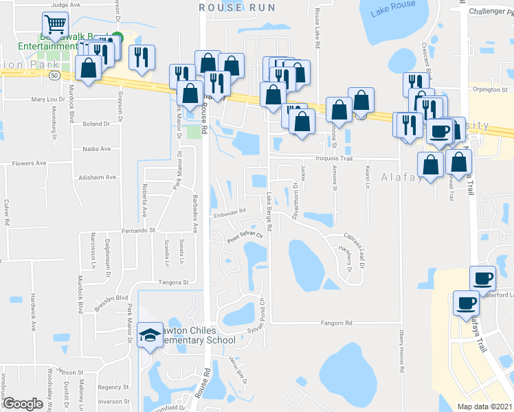 map of restaurants, bars, coffee shops, grocery stores, and more near 11128 Acme Drive in Orlando