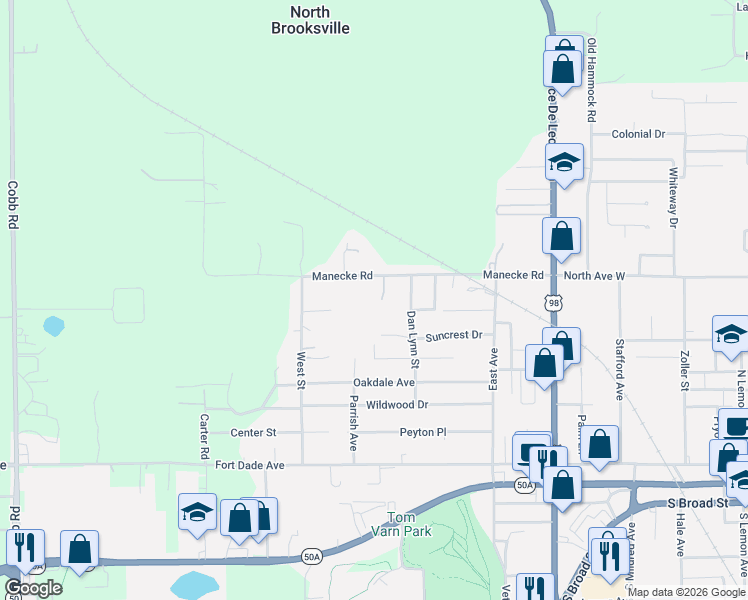 map of restaurants, bars, coffee shops, grocery stores, and more near 19970 Manecke Road in Brooksville