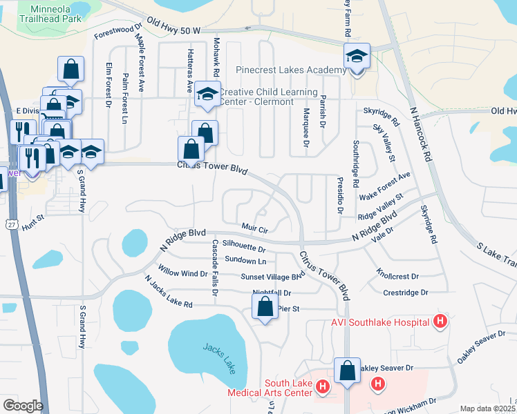map of restaurants, bars, coffee shops, grocery stores, and more near 153 Sutter Drive in Clermont