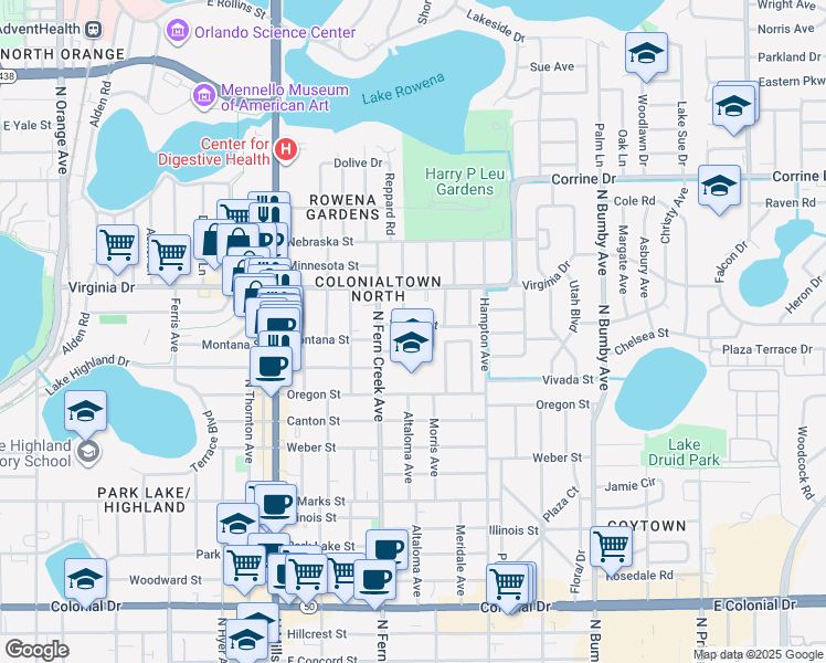map of restaurants, bars, coffee shops, grocery stores, and more near 1704 Weltin Street in Orlando