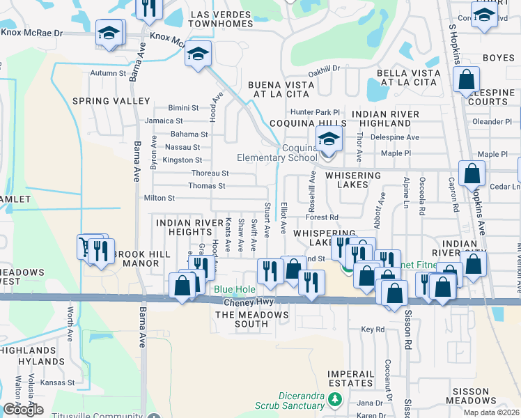 map of restaurants, bars, coffee shops, grocery stores, and more near 1150 Macdonald Street in Titusville