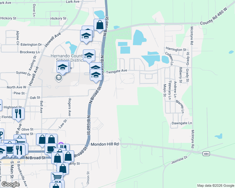 map of restaurants, bars, coffee shops, grocery stores, and more near 1203 Crest Court in Brooksville