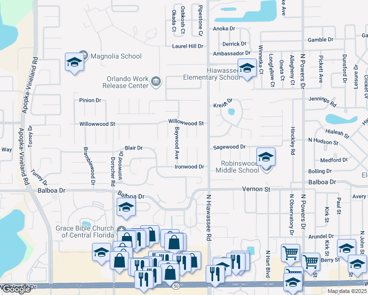 map of restaurants, bars, coffee shops, grocery stores, and more near 1813 Baywood Avenue in Orlando