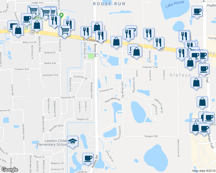 map of restaurants, bars, coffee shops, grocery stores, and more near 1130 Isadore Drive in Orlando
