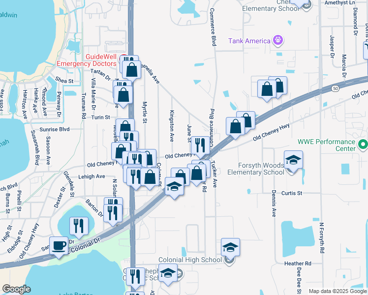 map of restaurants, bars, coffee shops, grocery stores, and more near 1228 June Street in Orlando