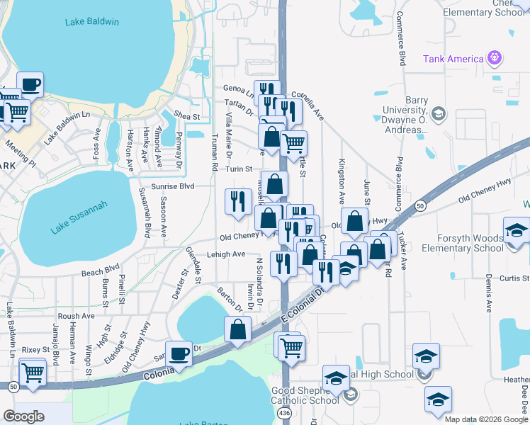 map of restaurants, bars, coffee shops, grocery stores, and more near 19 Moselle Avenue in Orlando