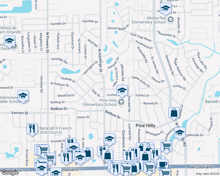map of restaurants, bars, coffee shops, grocery stores, and more near 5712 Bolling Drive in Orlando